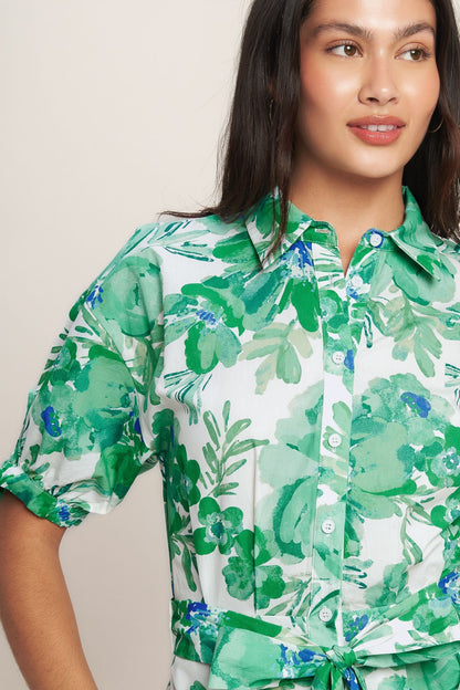 SIMPLY IN BLOOM GREEN FLORAL MIDI SHIRT DRESS