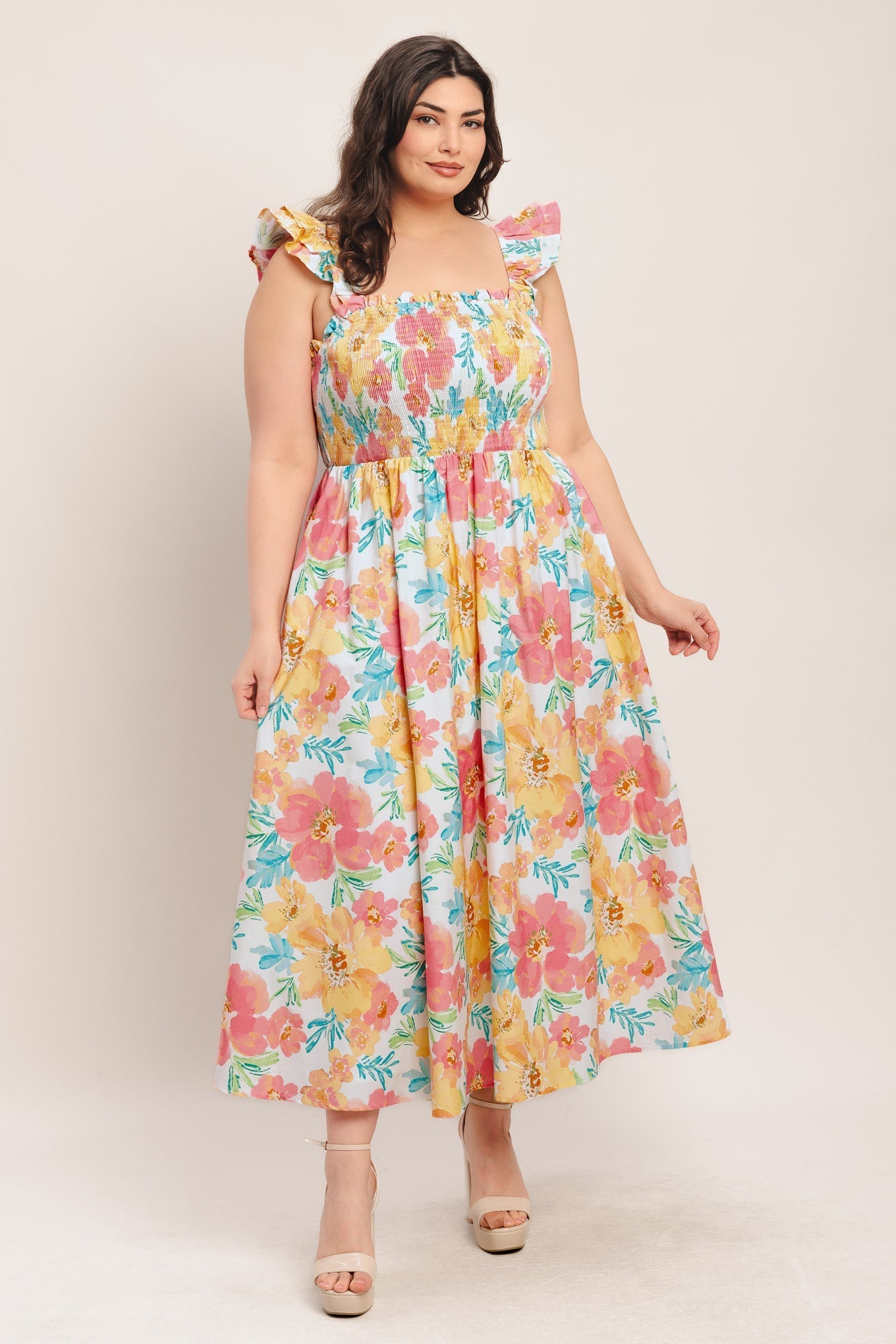 SOFT SUNSHINE FLORAL MIDI DRESS