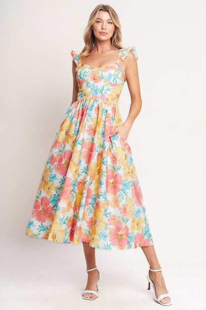 SOFT SUNSHINE FLORAL MIDI DRESS