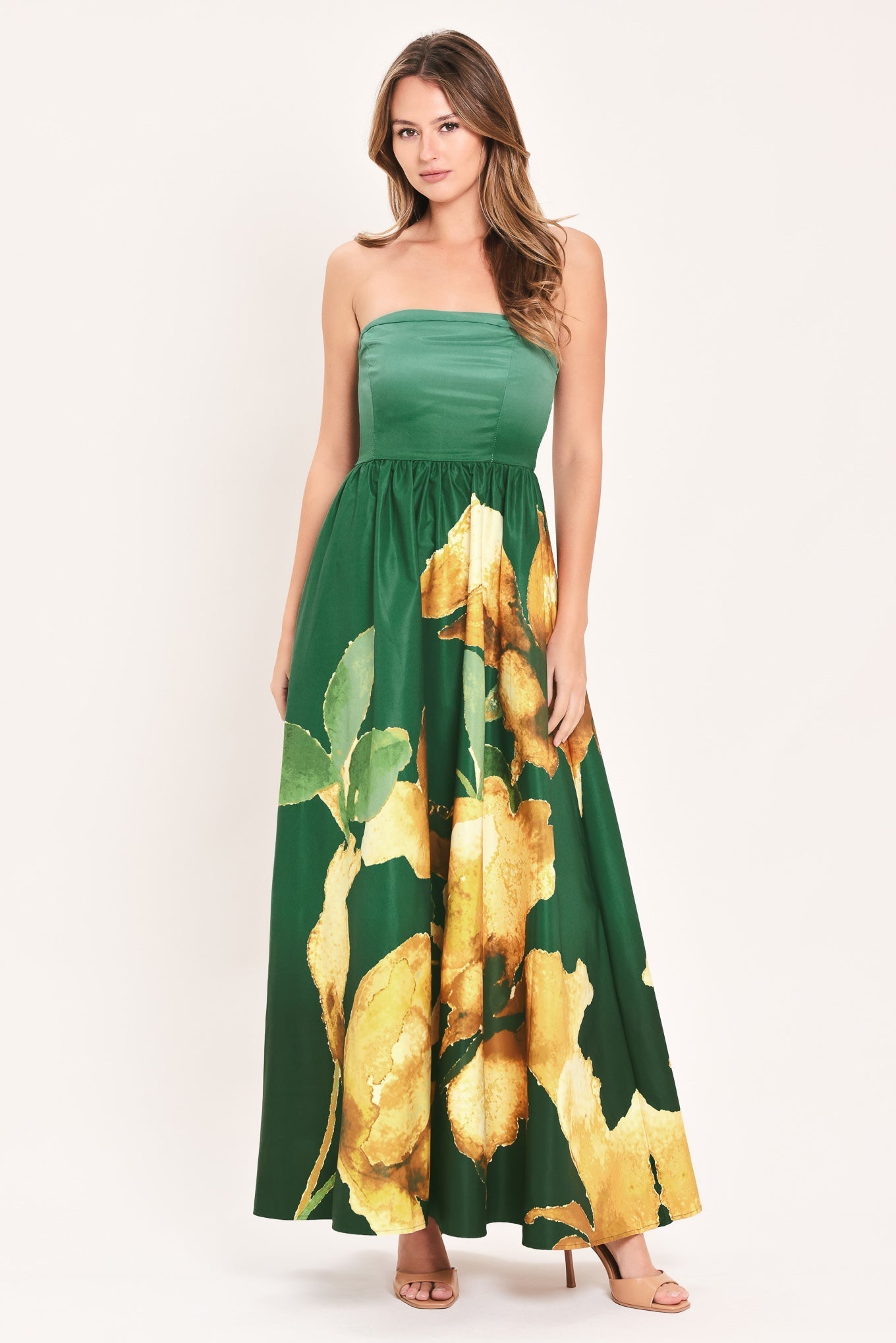 GOLDEN ROSE GLOW STRAPLESS FLORAL PRINT MAXI DRESS