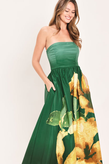 GOLDEN ROSE GLOW STRAPLESS FLORAL PRINT MAXI DRESS