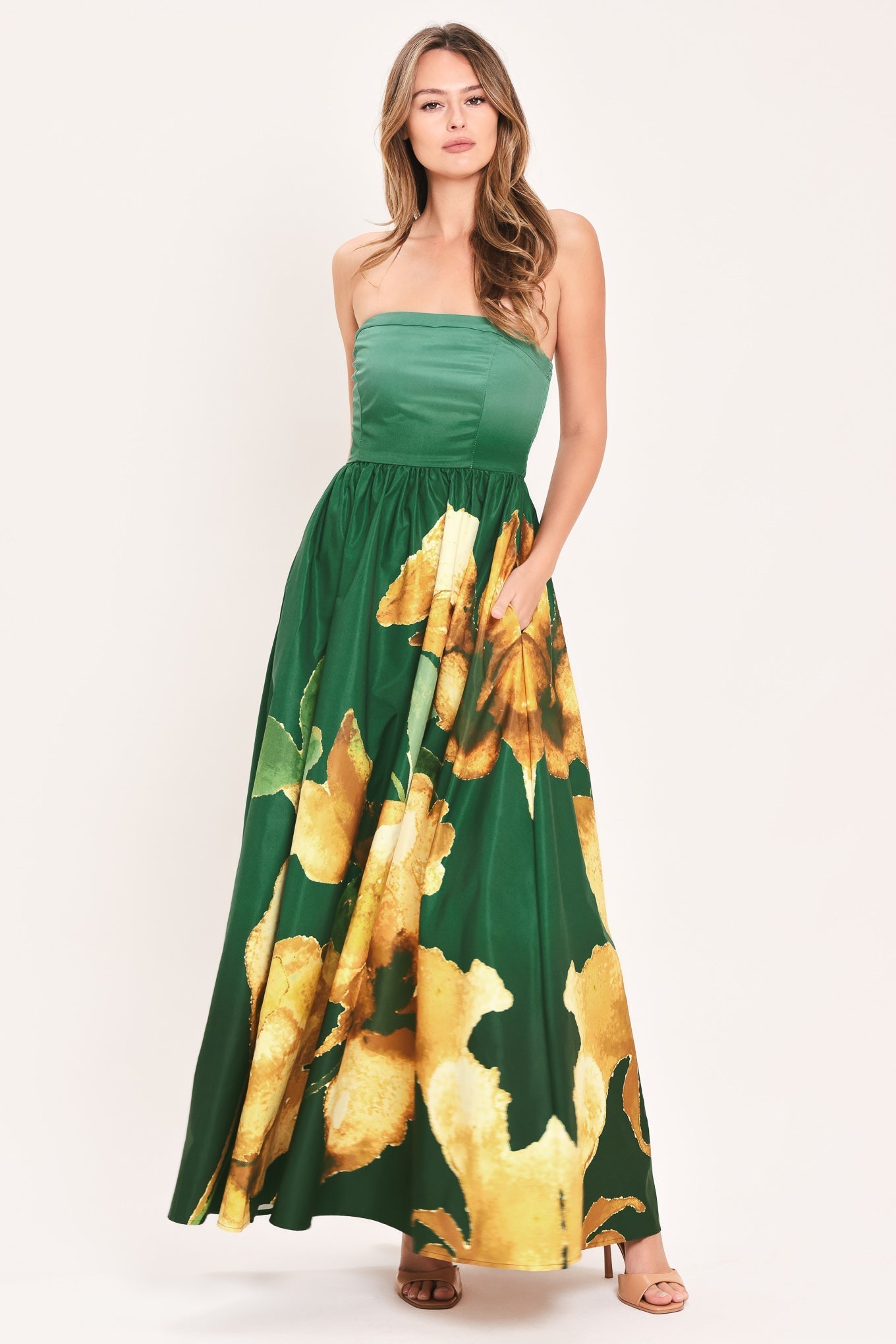 GOLDEN ROSE GLOW STRAPLESS FLORAL PRINT MAXI DRESS