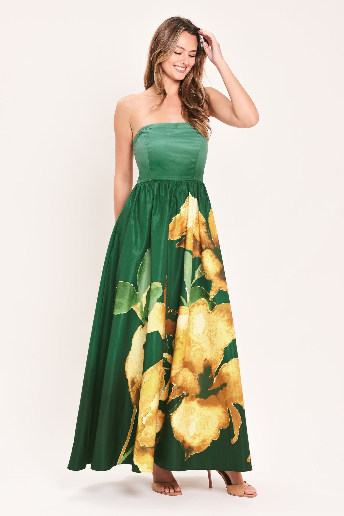 GOLDEN ROSE GLOW STRAPLESS FLORAL PRINT MAXI DRESS
