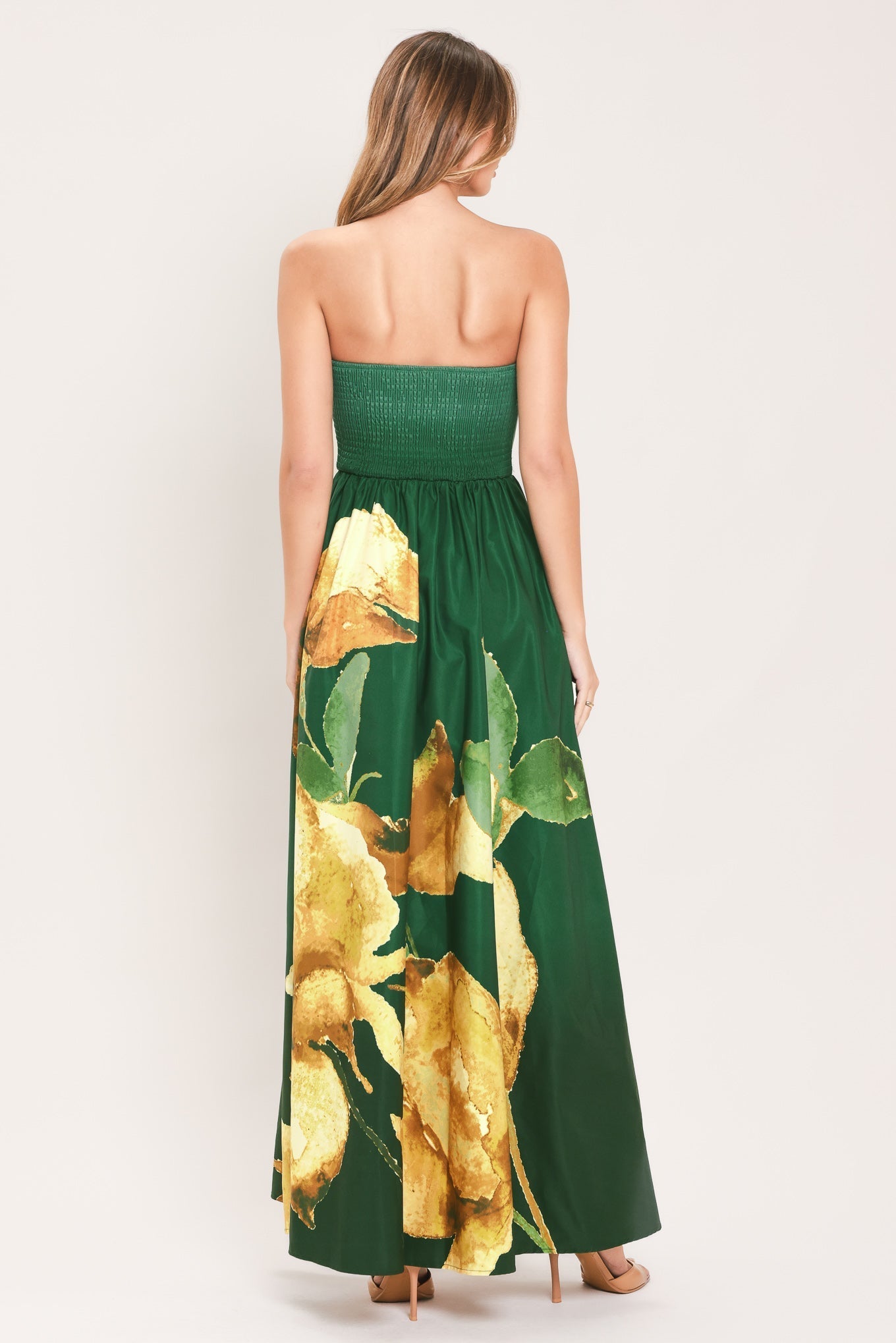 GOLDEN ROSE GLOW STRAPLESS FLORAL PRINT MAXI DRESS