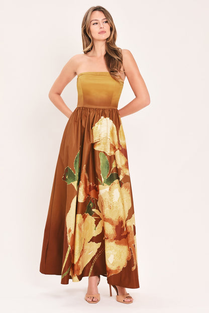 GOLDEN ROSE GLOW STRAPLESS FLORAL PRINT MAXI DRESS