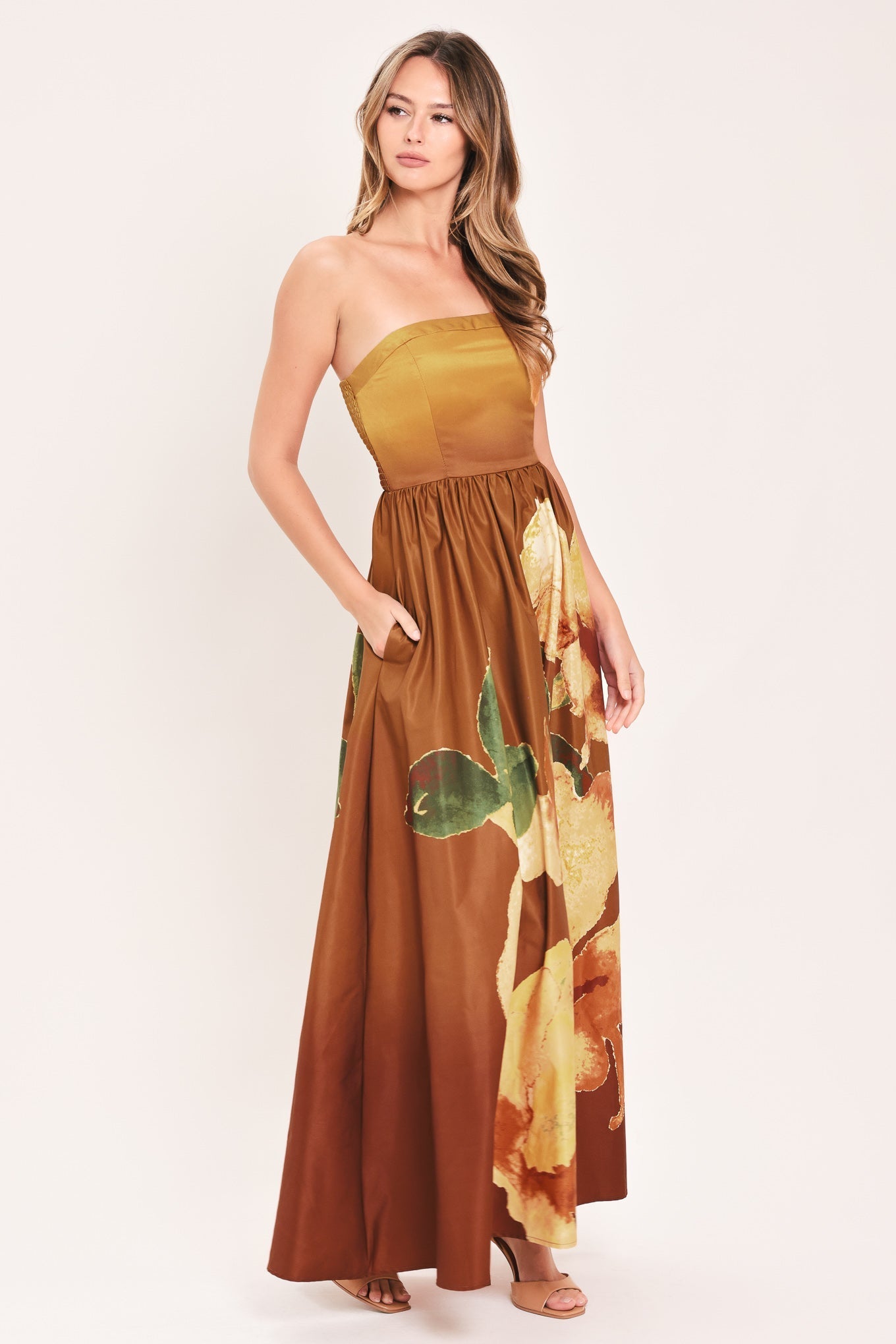 GOLDEN ROSE GLOW STRAPLESS FLORAL PRINT MAXI DRESS