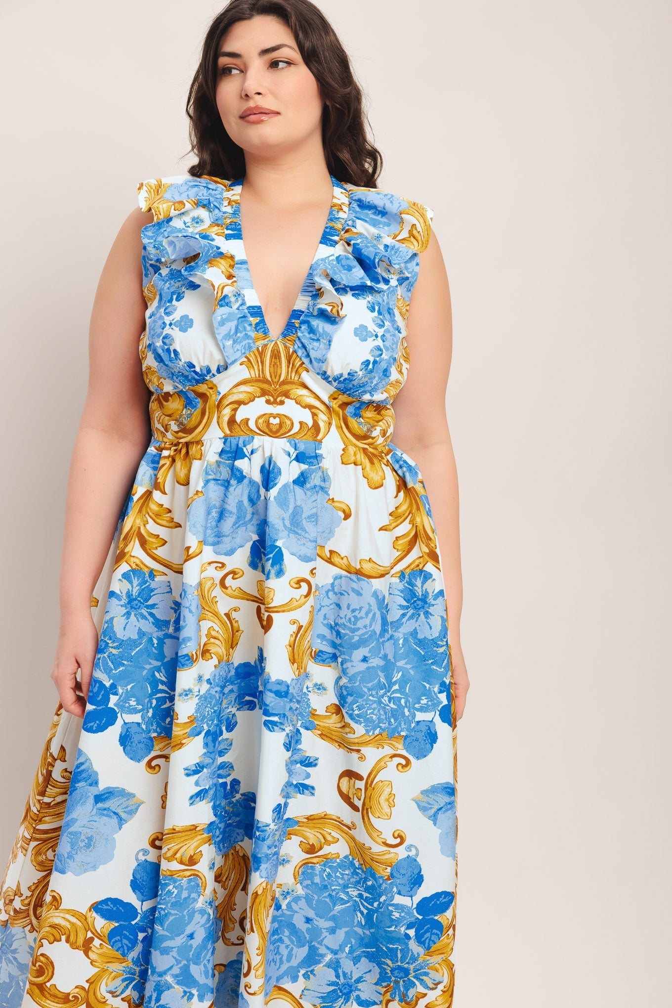 BAROQUE BLOOM BLUE MIDI DRESS
