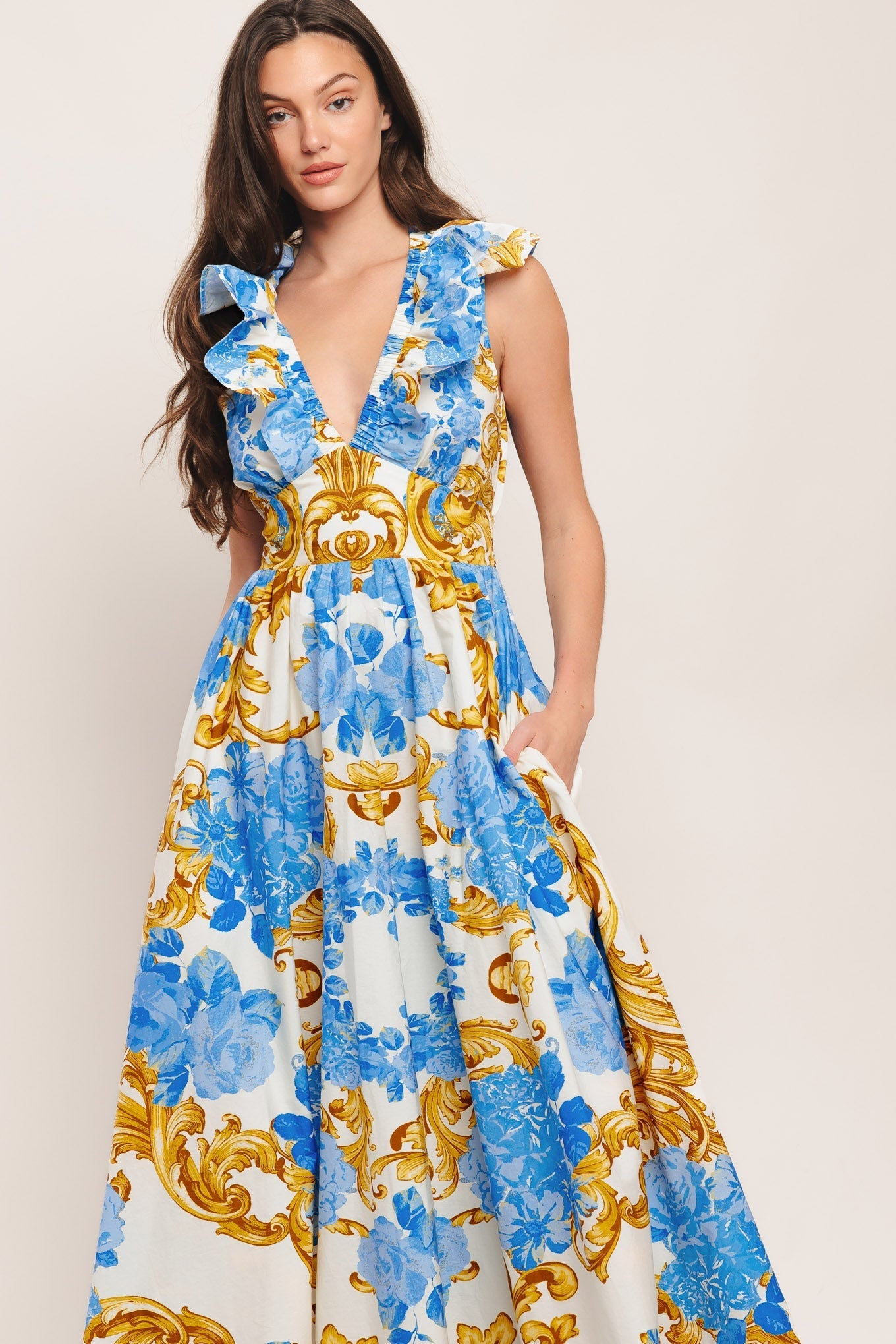 BAROQUE BLOOM BLUE MIDI DRESS