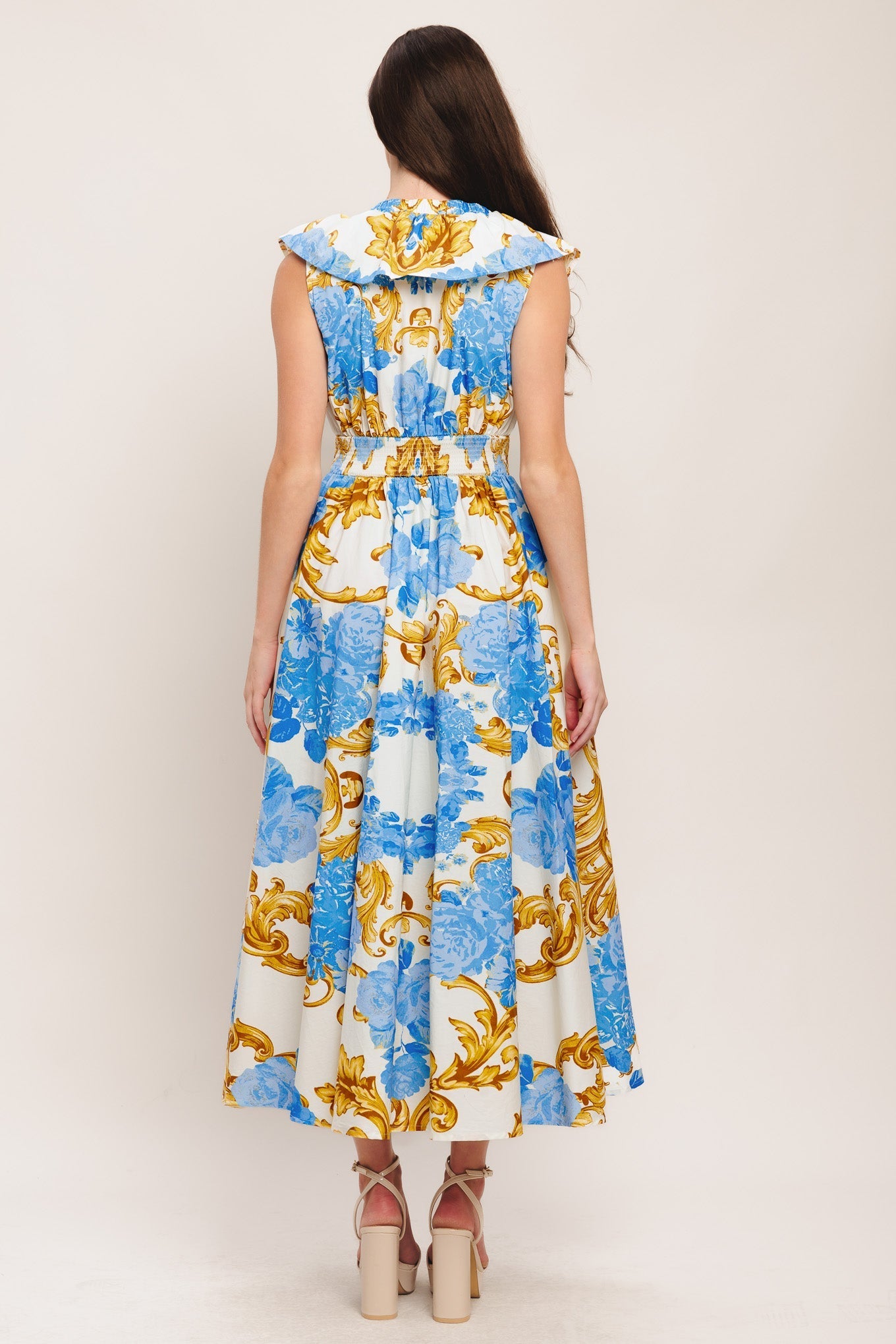 BAROQUE BLOOM BLUE MIDI DRESS