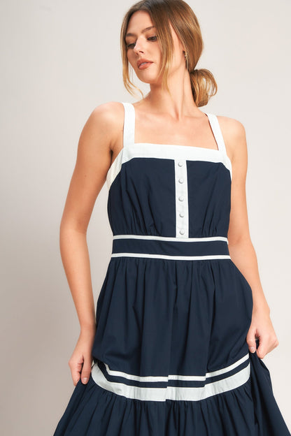 NAVY & WHITE CONTRAST MIDI DRESS