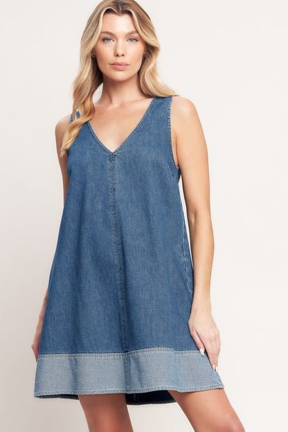 MAIN STREET V-NECK DENIM MINI DRESS