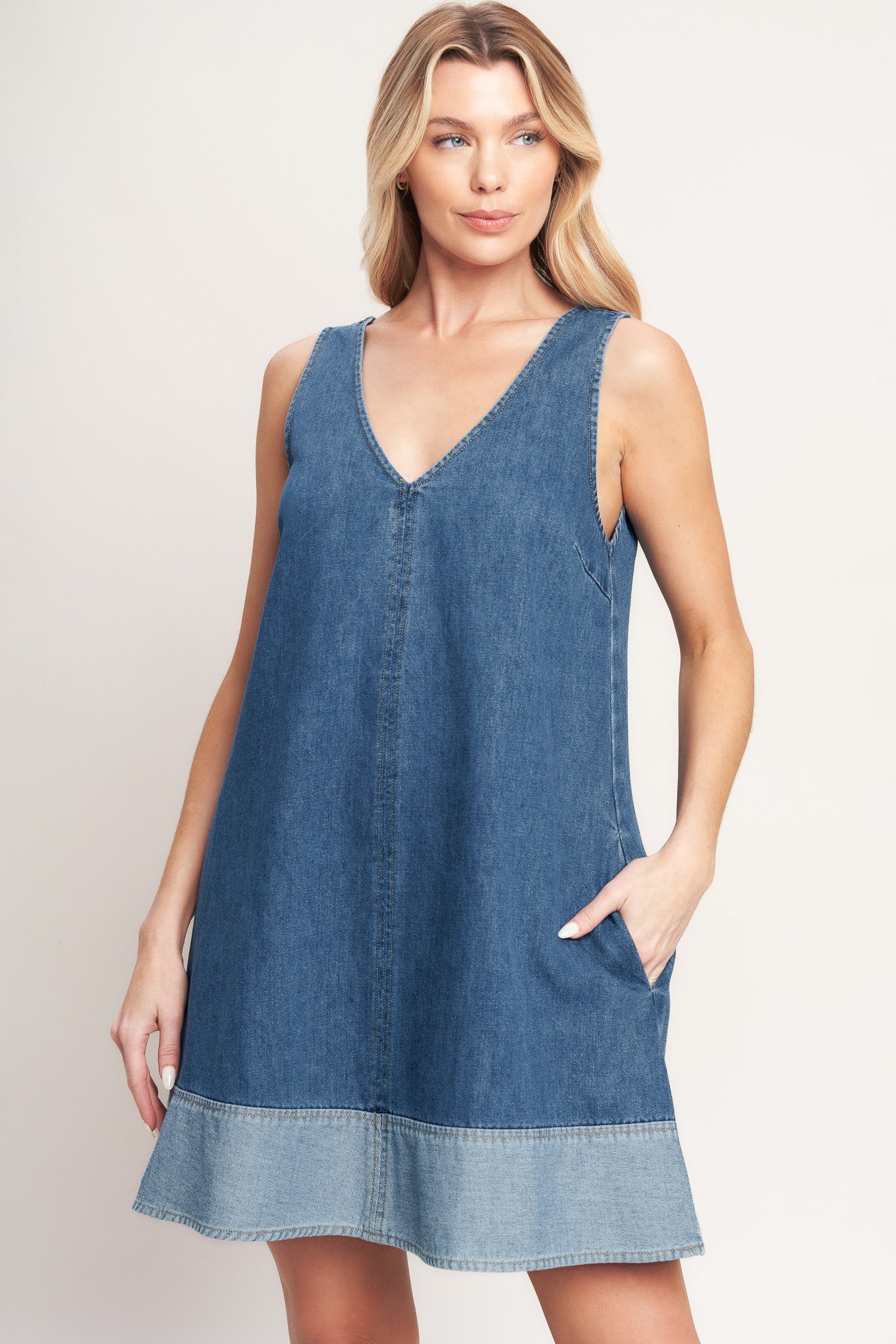 MAIN STREET V-NECK DENIM MINI DRESS
