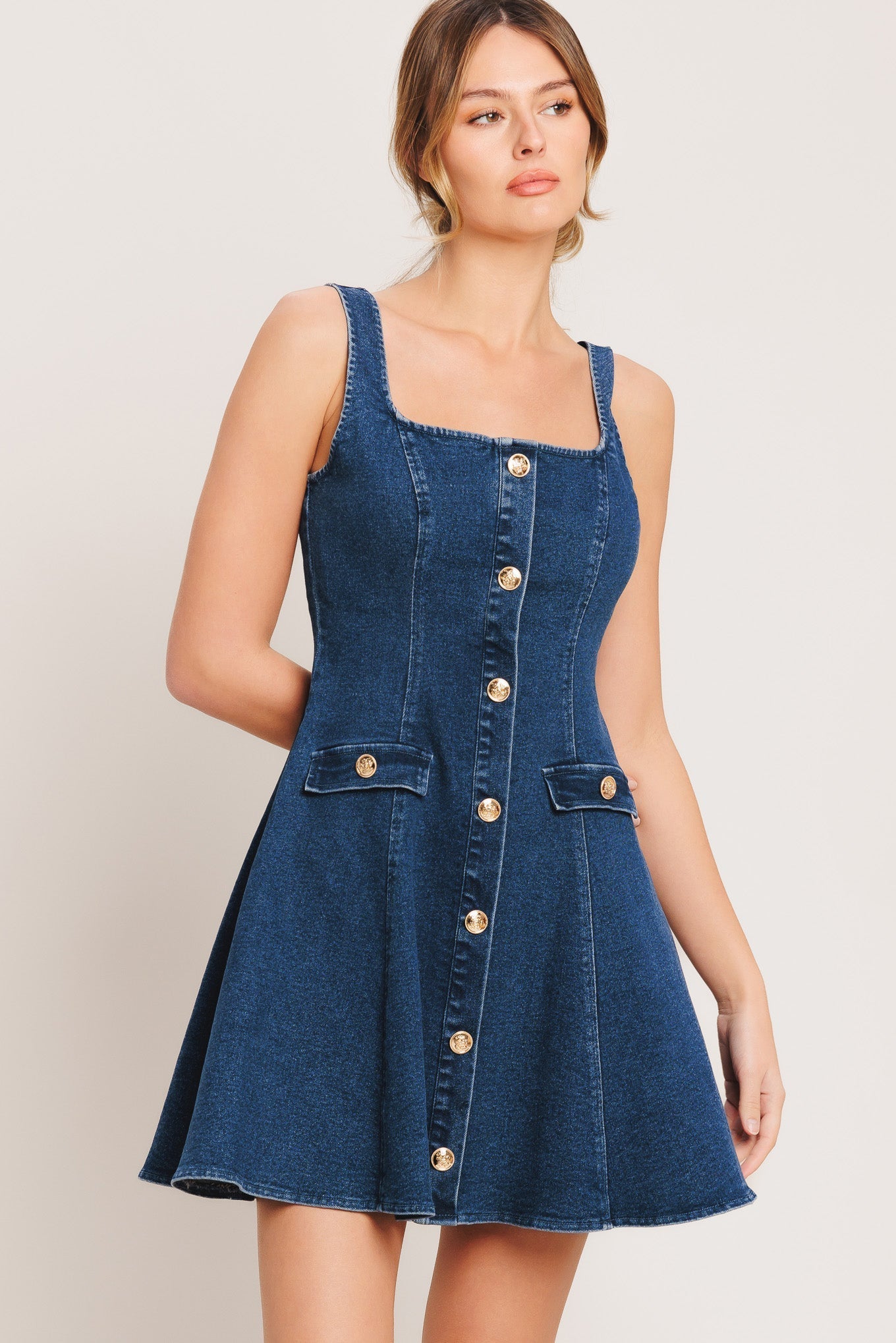 URBAN POLISH SQUARE NECK DENIM MINI DRESS