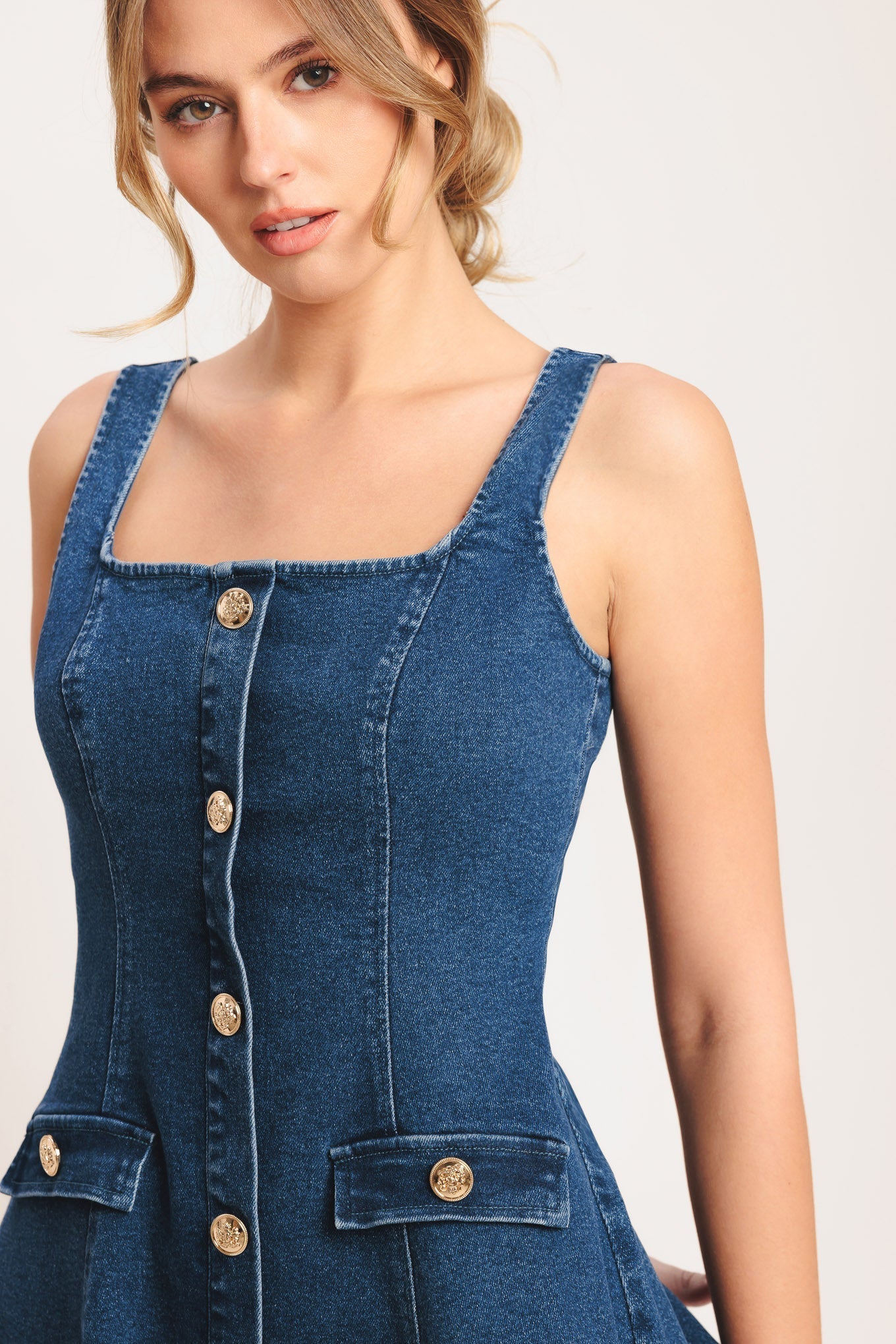 URBAN POLISH SQUARE NECK DENIM MINI DRESS