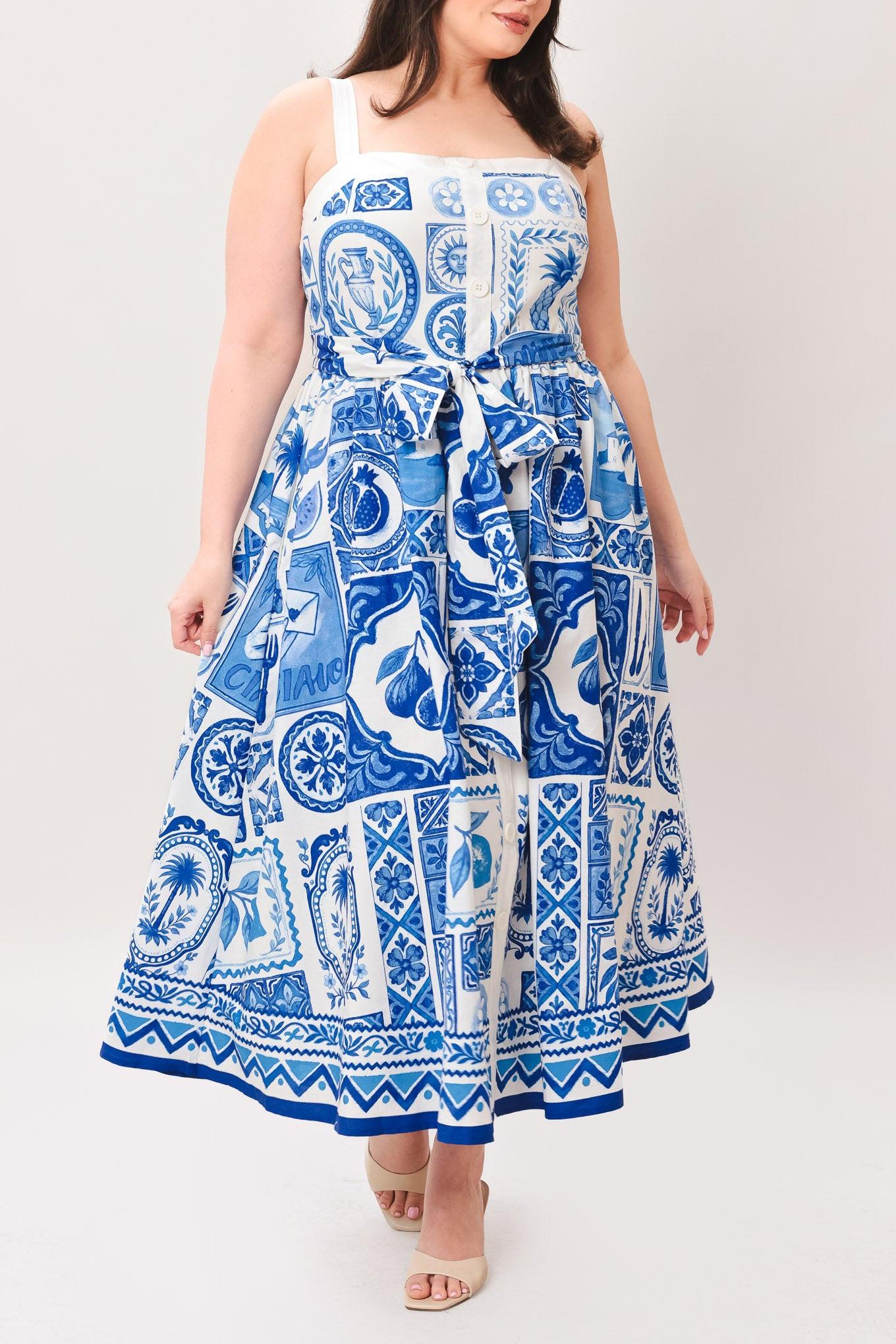 BLUE MAJOLICA CHARM MIDI DRESS