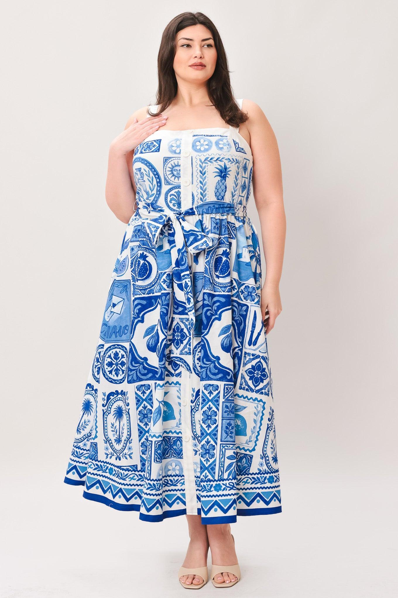 BLUE MAJOLICA CHARM MIDI DRESS