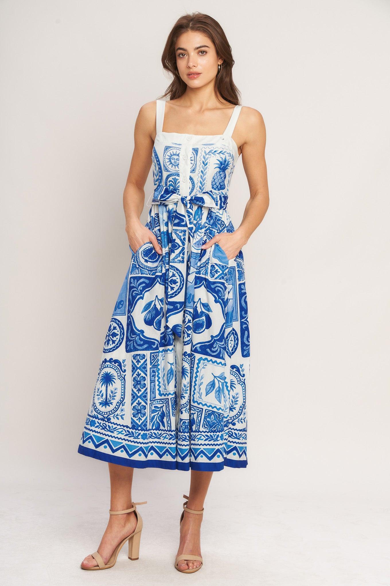 BLUE MAJOLICA CHARM MIDI DRESS