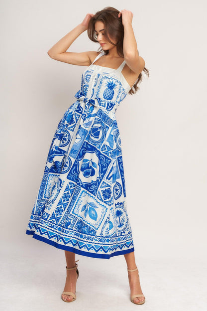 BLUE MAJOLICA CHARM MIDI DRESS