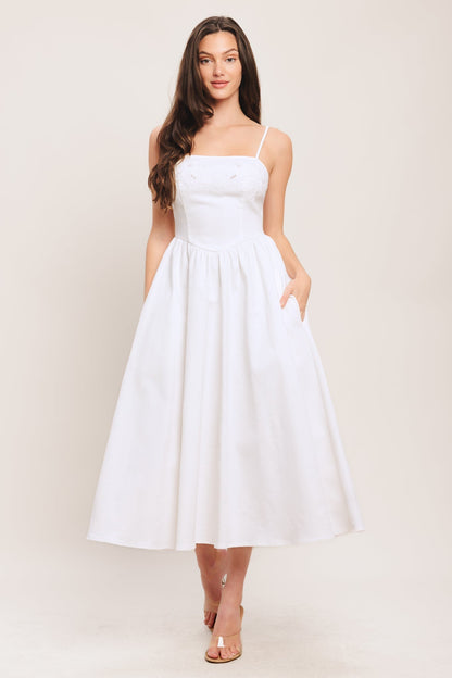 CLOUD PETAL EMBROIDERED WHITE DENIM MIDI DRESS