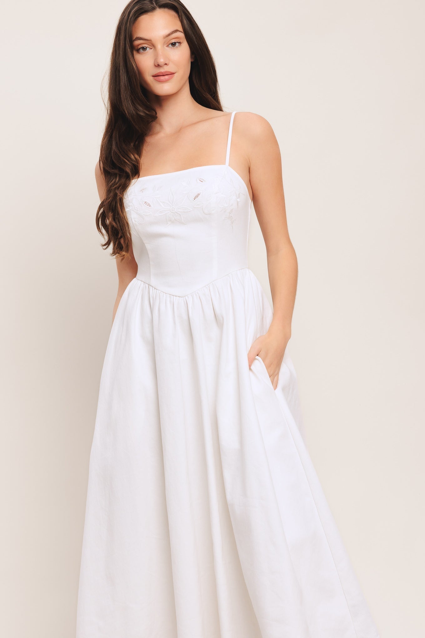 CLOUD PETAL EMBROIDERED WHITE DENIM MIDI DRESS