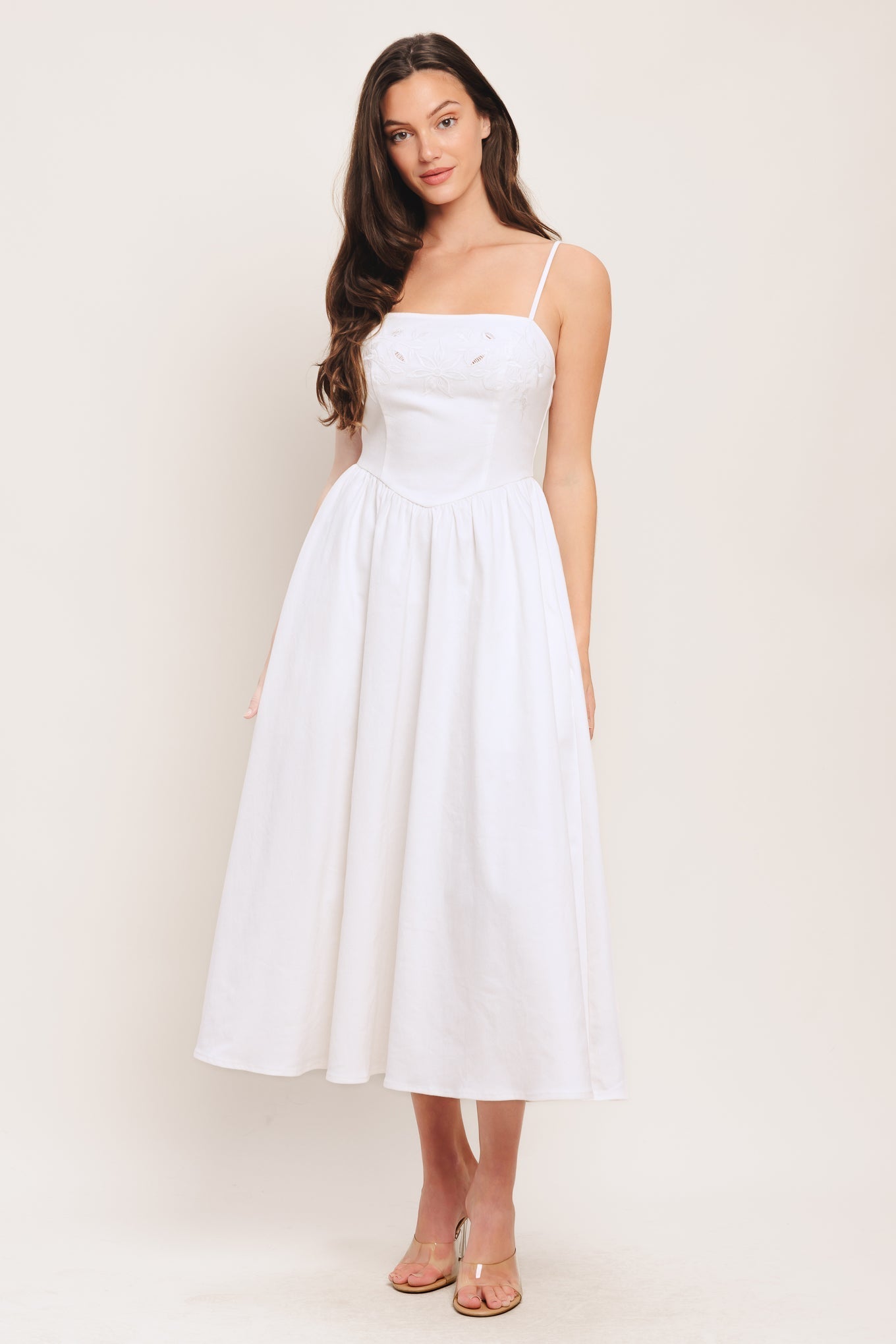 CLOUD PETAL EMBROIDERED WHITE DENIM MIDI DRESS