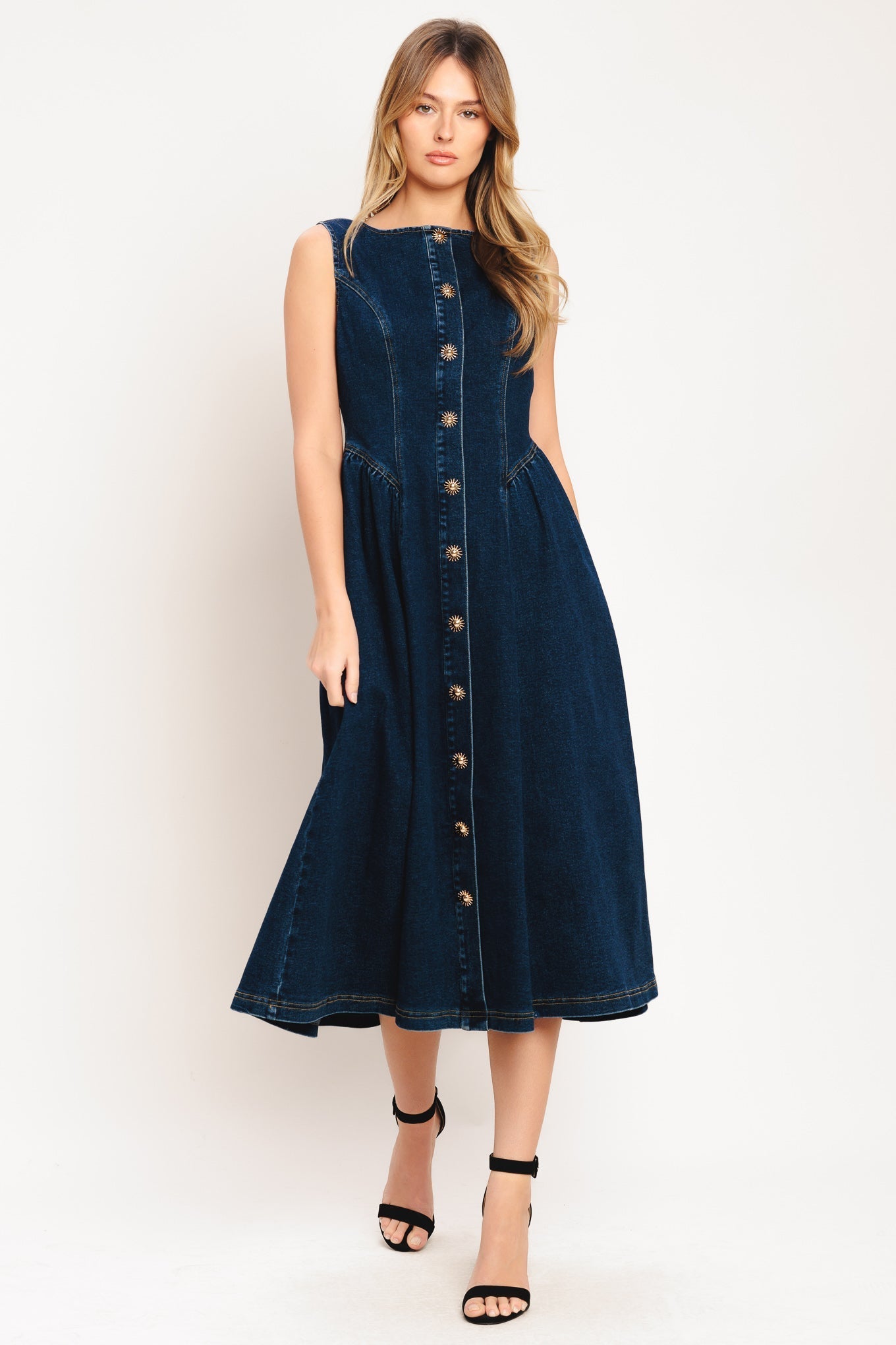 EFFORTLESS POLISH BUTTON FRONT DENIM MIDI DRESS