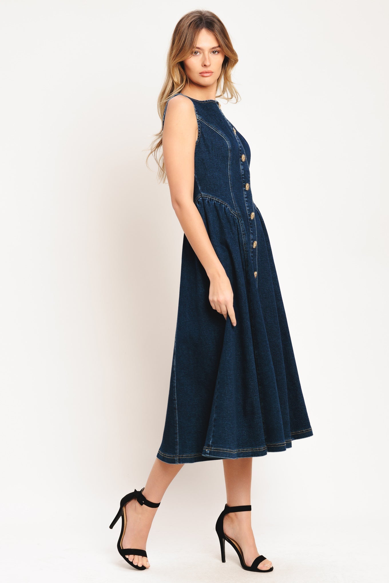 EFFORTLESS POLISH BUTTON FRONT DENIM MIDI DRESS