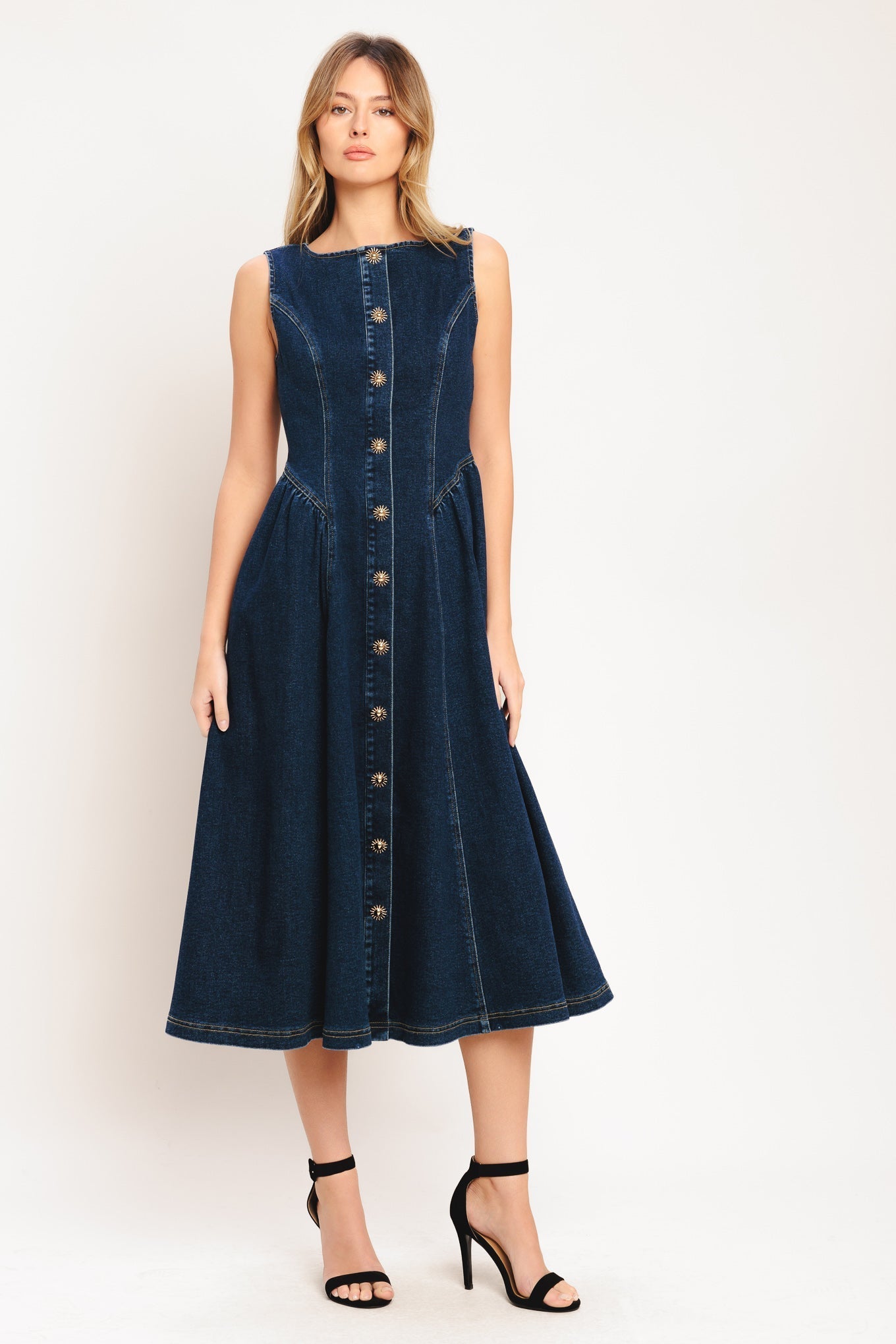 EFFORTLESS POLISH BUTTON FRONT DENIM MIDI DRESS