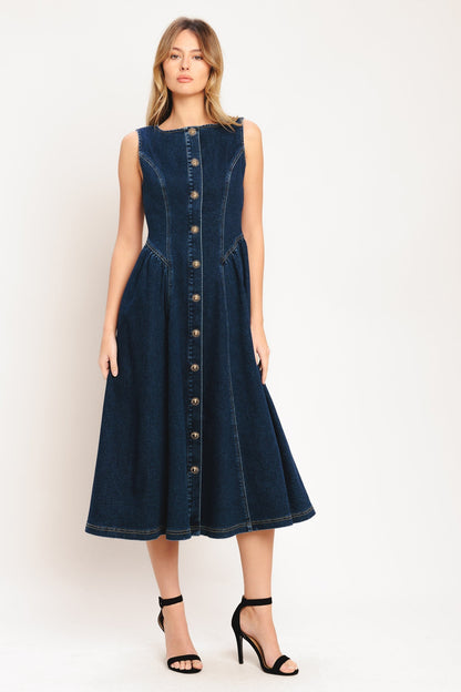 EFFORTLESS POLISH BUTTON FRONT DENIM MIDI DRESS