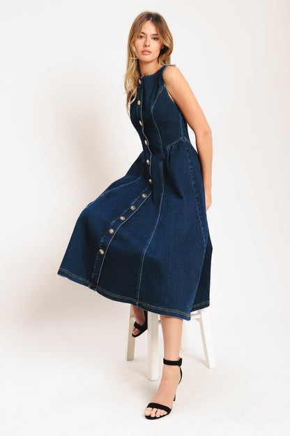 EFFORTLESS POLISH BUTTON FRONT DENIM MIDI DRESS