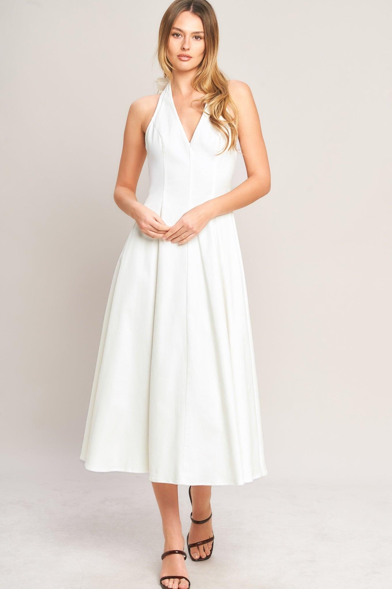 SERENE MOMENT WHITE HALTER NECK DENIM DRESS