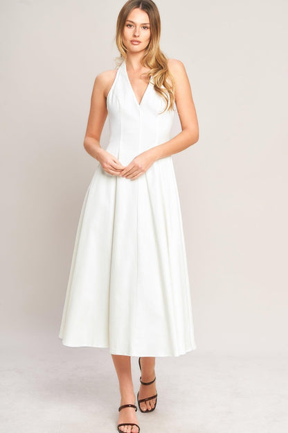SERENE MOMENT WHITE HALTER NECK DENIM DRESS