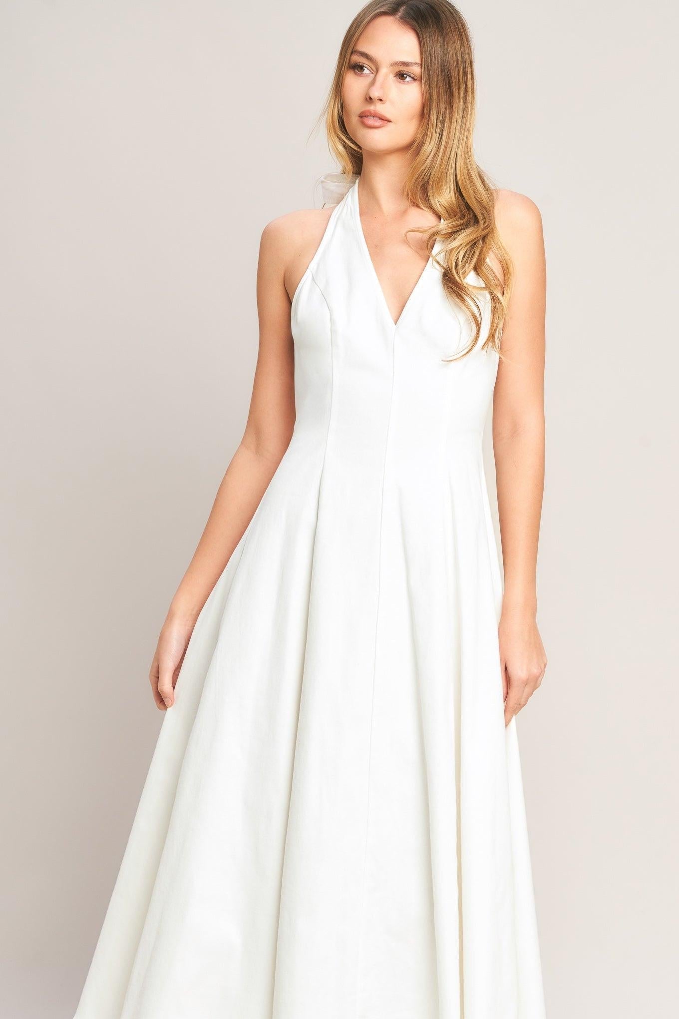 SERENE MOMENT WHITE HALTER NECK DENIM DRESS