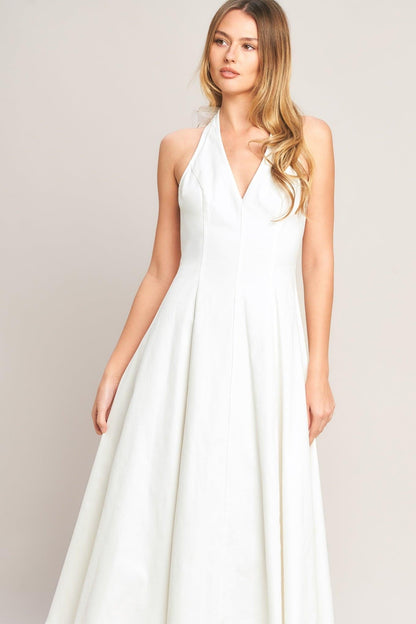 SERENE MOMENT WHITE HALTER NECK DENIM DRESS