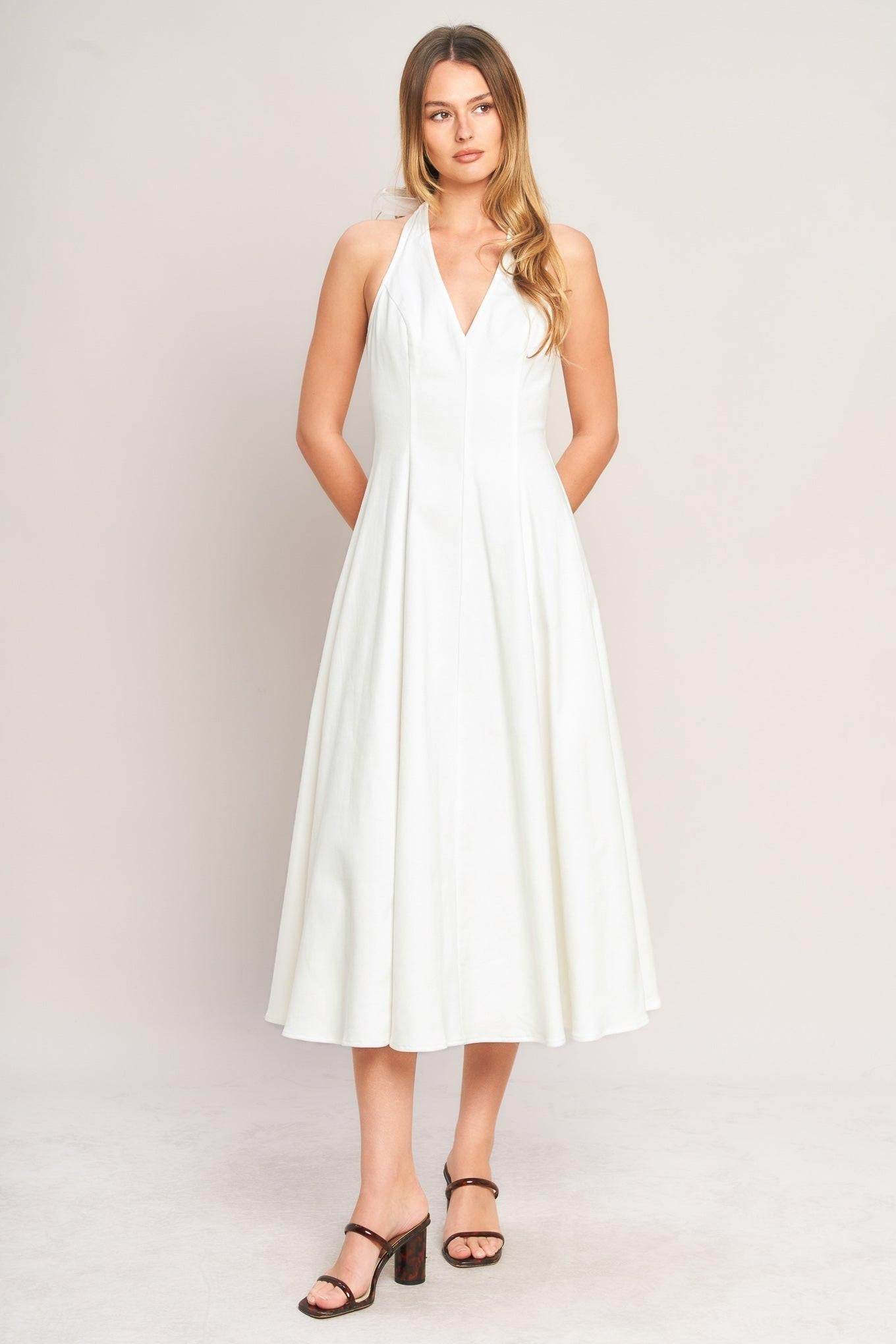 SERENE MOMENT WHITE HALTER NECK DENIM DRESS