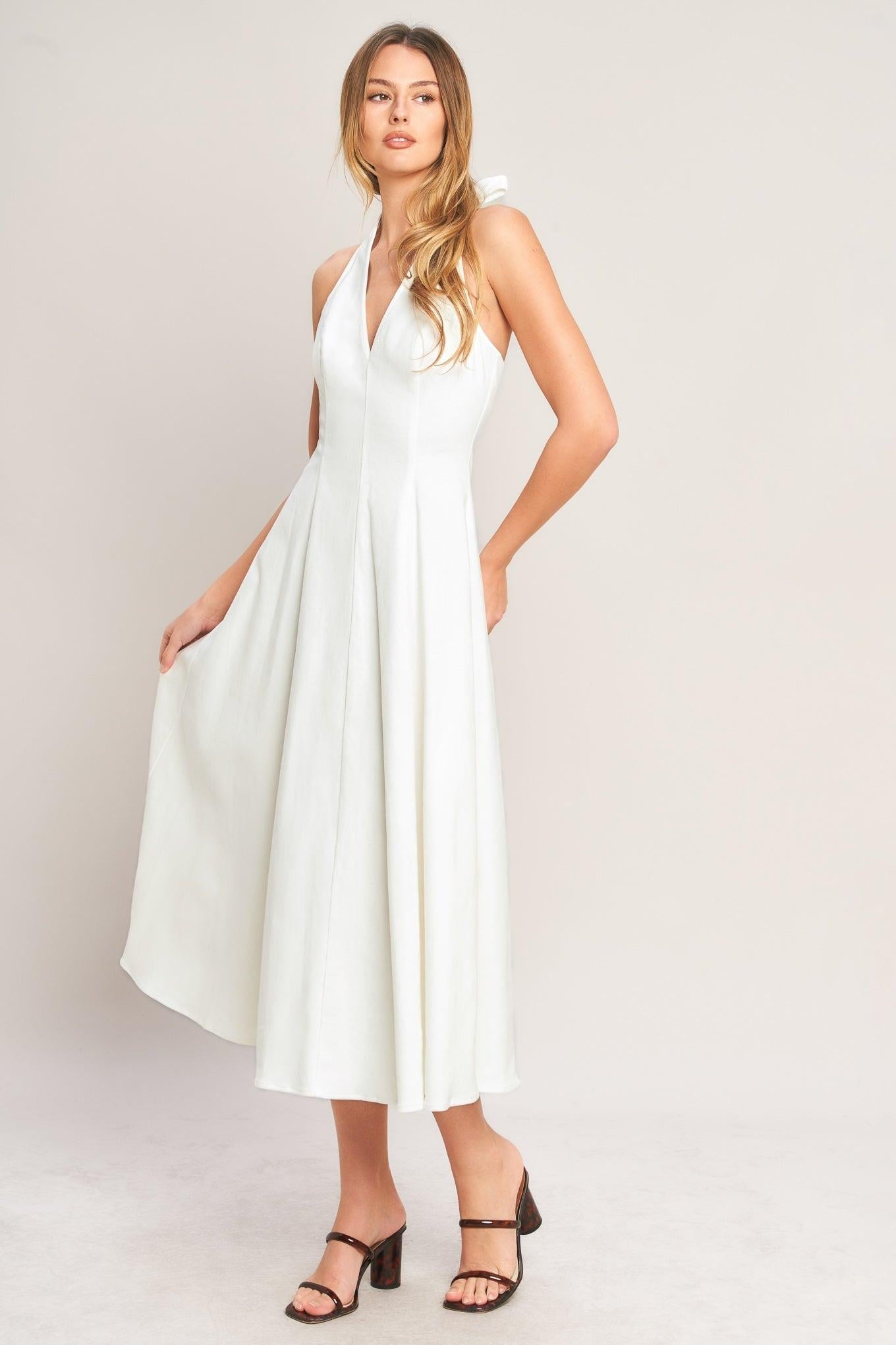 SERENE MOMENT WHITE HALTER NECK DENIM DRESS