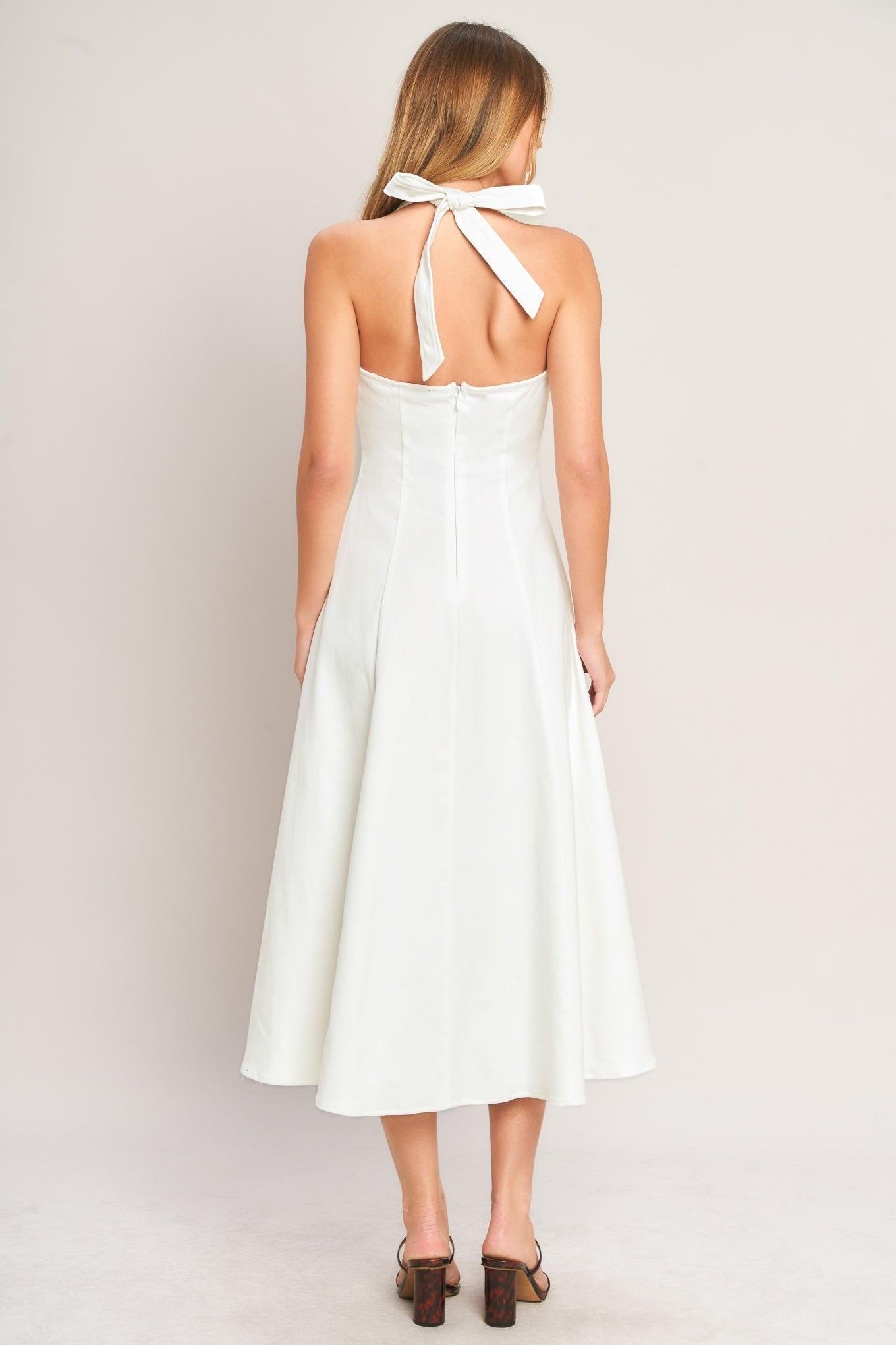 SERENE MOMENT WHITE HALTER NECK DENIM DRESS