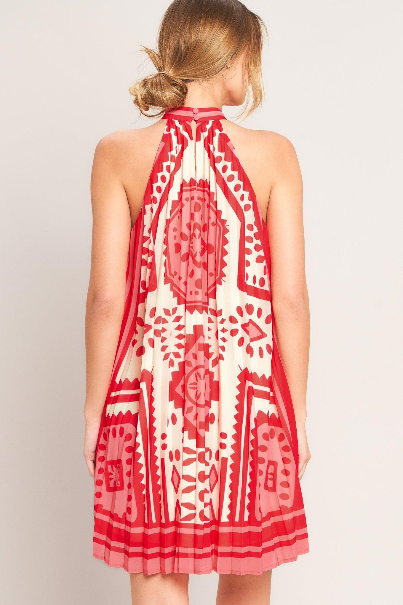 SUNSET MEDALLION PLEATED MINI DRESS