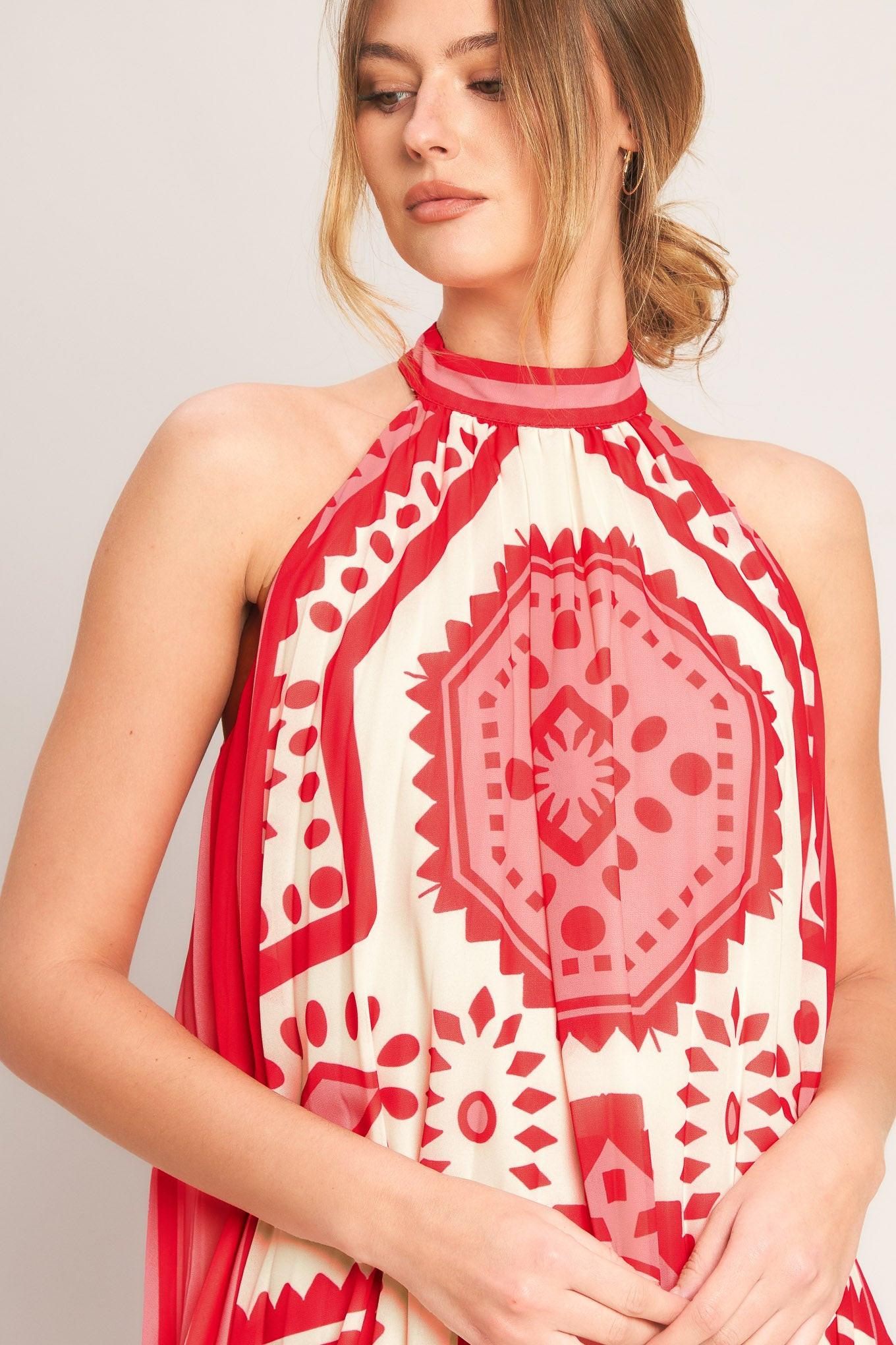 SUNSET MEDALLION PLEATED MINI DRESS