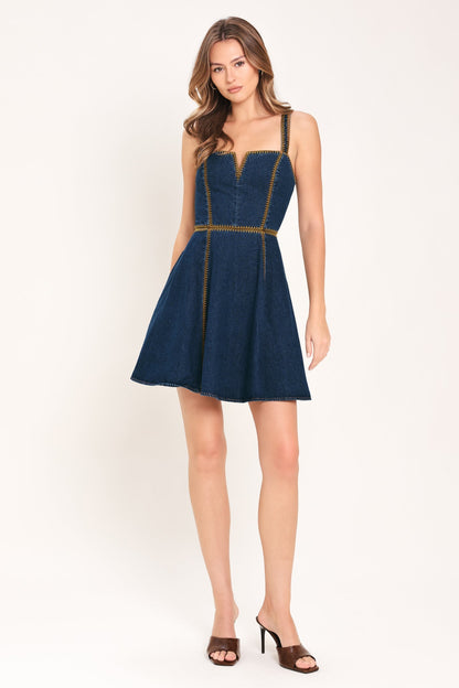 CITY ESCAPE EMBROIDERED DARK DENIM MINI DRESS