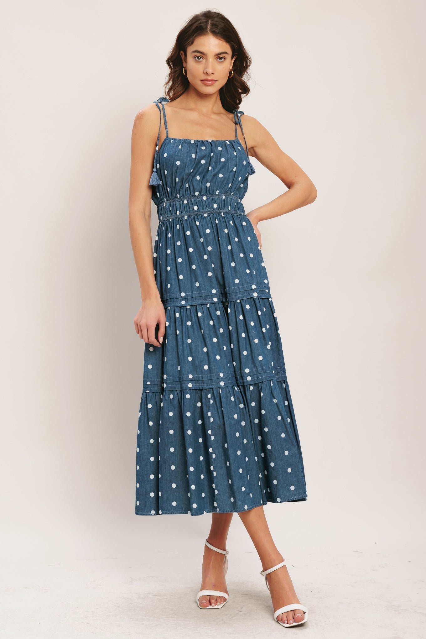NAUTICAL TIES POLKA DOT DENIM MIDI DRESS