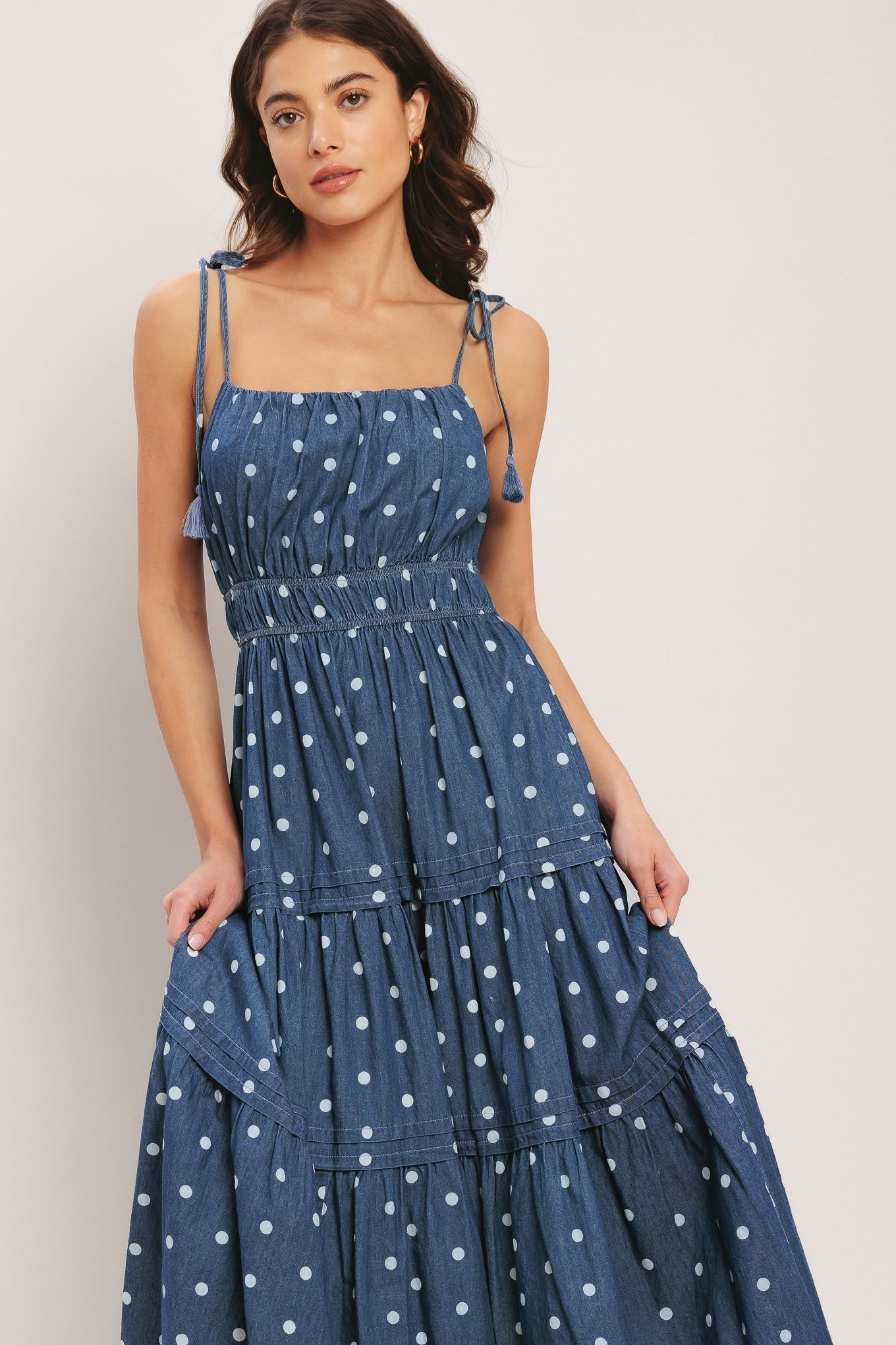 NAUTICAL TIES POLKA DOT DENIM MIDI DRESS