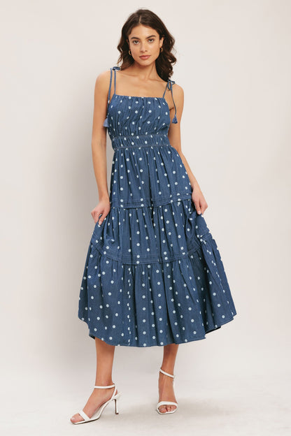 NAUTICAL TIES POLKA DOT DENIM MIDI DRESS