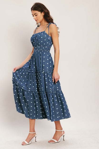NAUTICAL TIES POLKA DOT DENIM MIDI DRESS