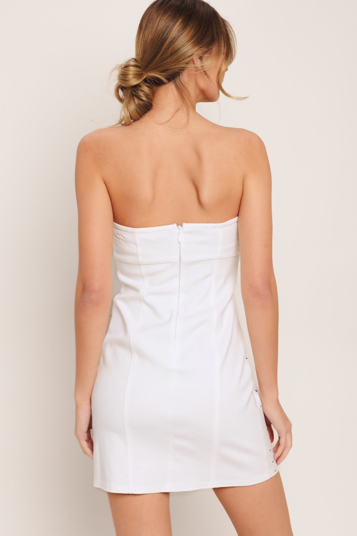 CITY TO COAST STUDDED WHITE DENIM MINI DRESS