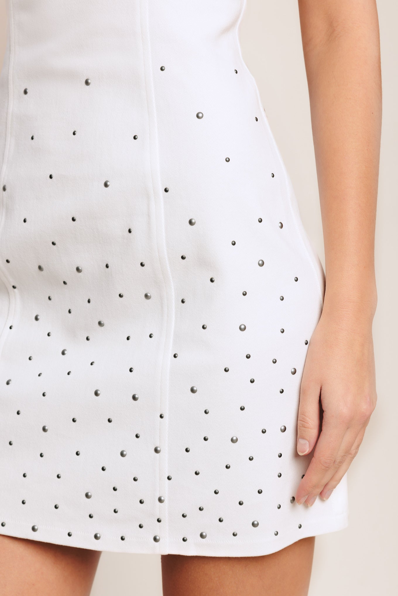 CITY TO COAST STUDDED WHITE DENIM MINI DRESS