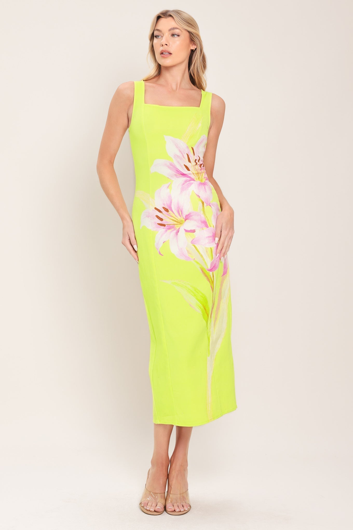LUSH LIME MIDI DRESS WITH SQUARE NECKLINE