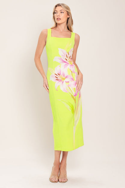 LUSH LIME MIDI DRESS WITH SQUARE NECKLINE