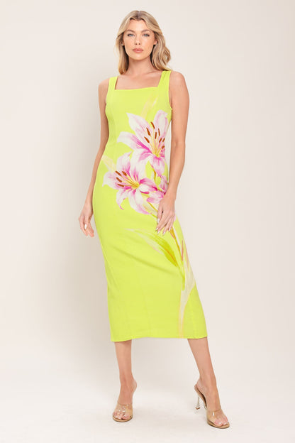 LUSH LIME MIDI DRESS WITH SQUARE NECKLINE