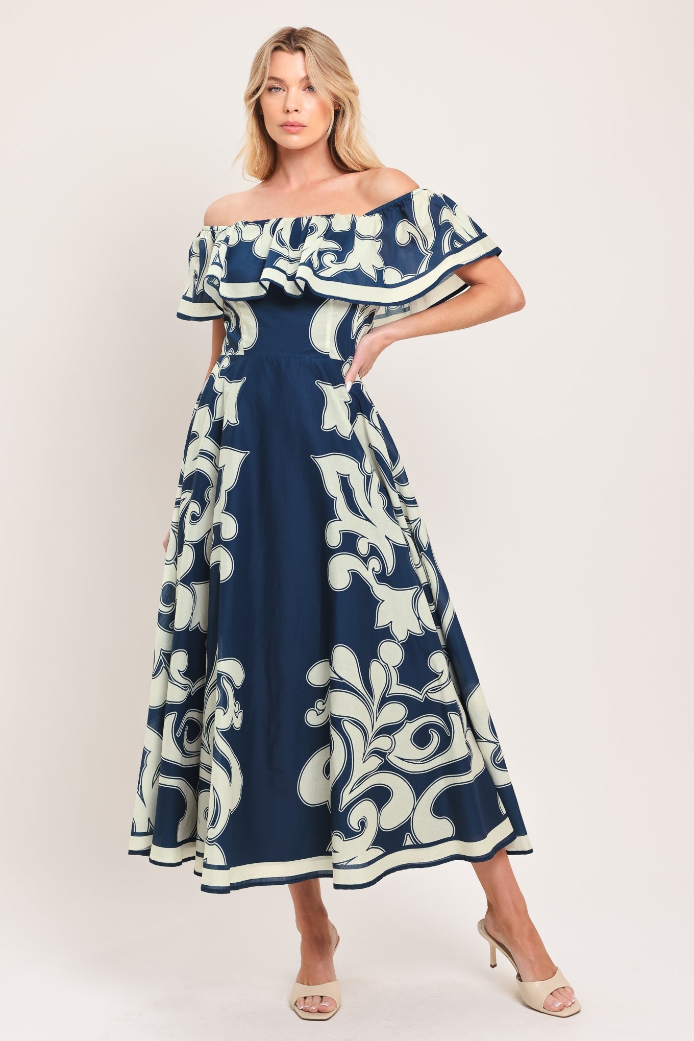 BLUE MAJOLICA OFF SHOULDER FLOUNCE MIDI DRESS